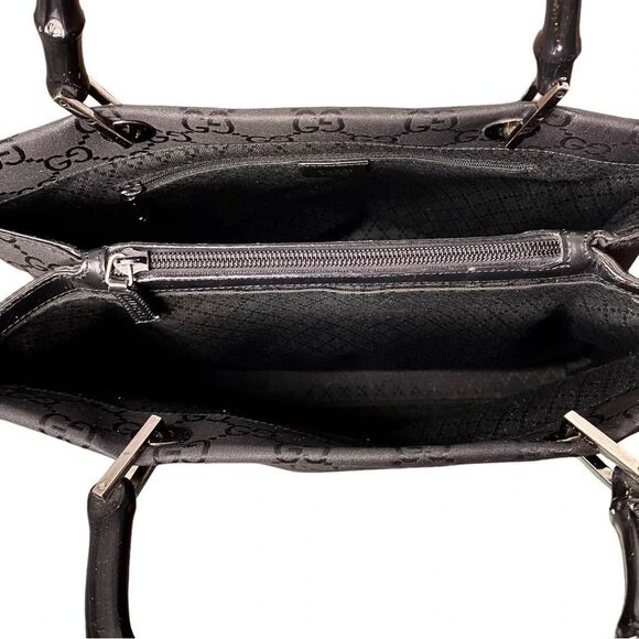 GUCCI Black Bamboo Handle Monogram Canvas Shopper Handbag Purse Y2K Vintage - Picture 8 of 12